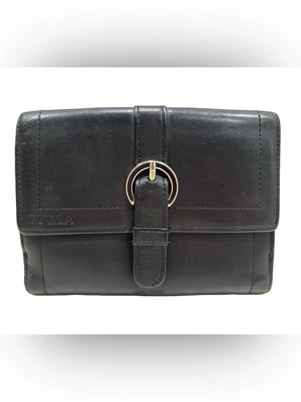 Vintage Furla Black Genuine Leather Bifold Wallet Silver Ring Hardware